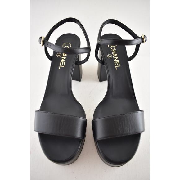 Chanel 24C Black Lambskin Leather Logo Platform Ankle Strap Block Heel Sandal 41 - Picture 5 of 14